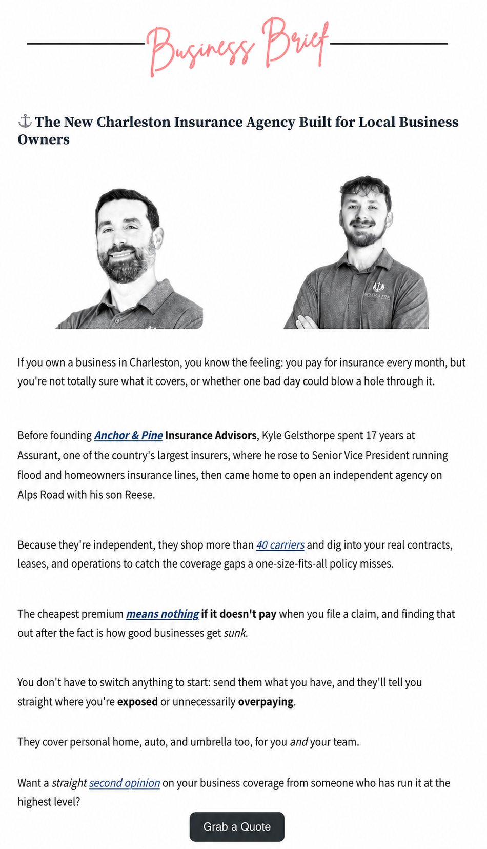 Example Charleston Scoop sponsored feature for Anchor & Pine Insurance Advisors